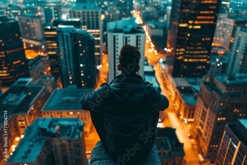 A man stands on the edge of a tall building, looking down at the city below