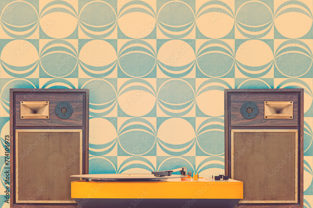 Record player with two vintage stereo speakers in front of retro seventies wallpaper - obrazy, fototapety, plakaty 