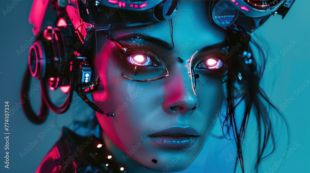 Close-up Face of mysterious crazy cyberpunk cyborg woman AI generated image Close-up Face of mysterious crazy cyberpunk cyborg woman AI generated image