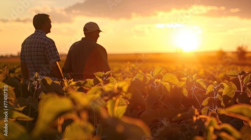 Farmers in a field at sunset with blurred faces