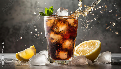 cola drink in glass with ice cubes creating a splash and bubbles on gray background with sliced lemon and mint leaves