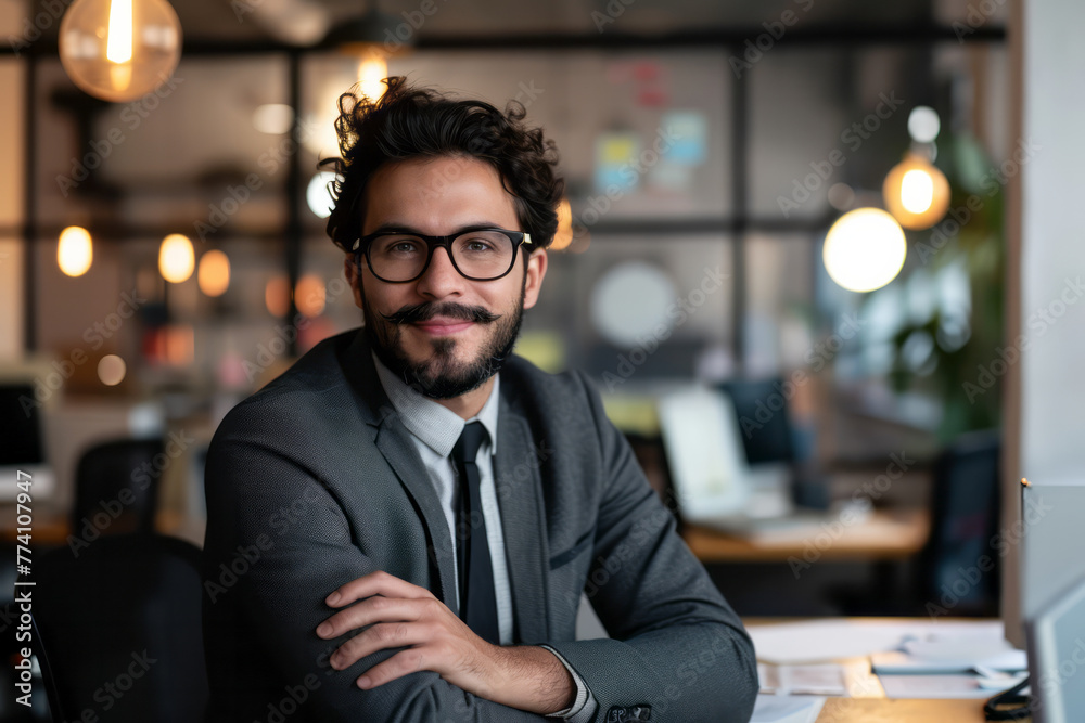 Fototapeta premium A man in business attire, wearing a suit and tie, is seated at a desk working