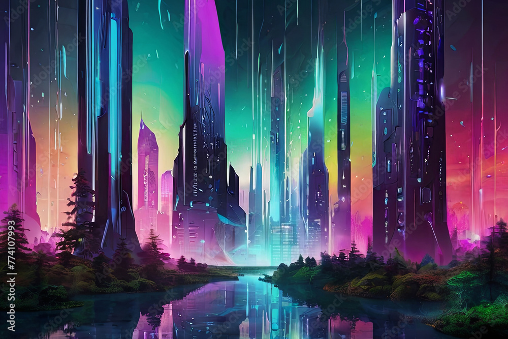 Experience the fusion of an enchanted forest and futuristic cyber city in a colorful gradient background.