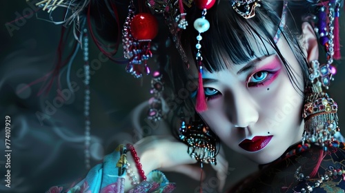 Close up of asian woman face with crazy punk style AI generated image