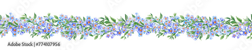 Aquarelle painted seamless Border with Forget-me-not flowers and green leaves