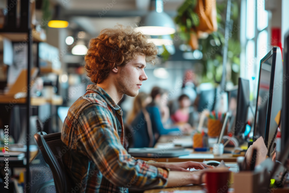 A man sits at a desk with a computer in front of him, focused on his work