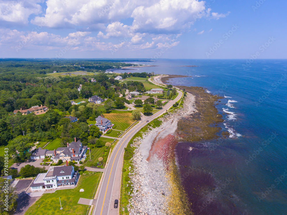 Fox Hill Point aerial view with Historic waterfront houses on Ocean Boulevard in town of North Hampton, New Hampshire NH, USA.