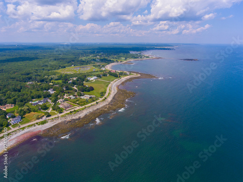 Fox Hill Point aerial view with Historic waterfront houses on Ocean Boulevard in town of North Hampton, New Hampshire NH, USA.