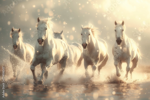 Group of white horses running in the water  AI generated