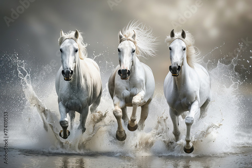 Group of white horses running in the water  AI generated