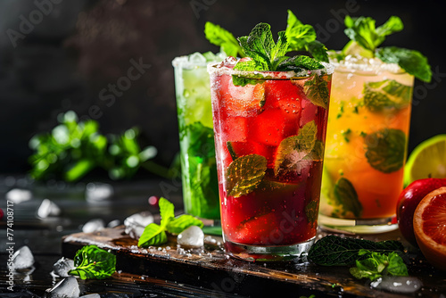 Three refreshing mojito in strawberry , orange and mint flavor, with mint leaves and ice , summer drinks