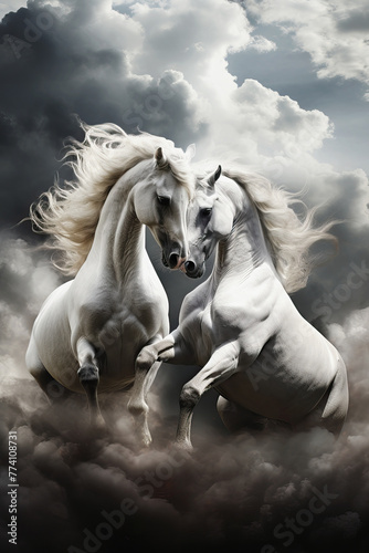 White stallion horses fighting on the beach, AI generated © Gabrielle