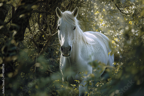 Portrait of a white horse in a thicket, AI generated © Gabrielle