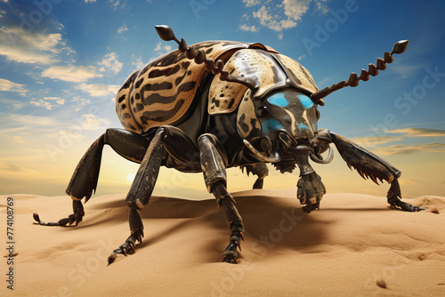 Stylized Goliath beetle in the sand, AI generated