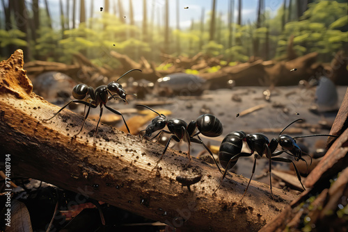 Carpenter ants walking on a dead branch, AI generated
