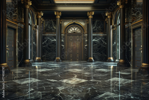 An empty room with an elegant grand design using marble and gold color