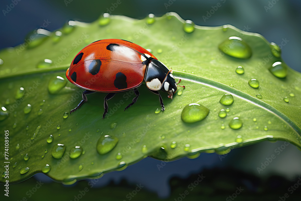 Ladybug on a green leave with water droplets, AI generated Ladybug on a green leave with water droplets, AI generated