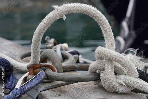Close up shot of Knots for marine rope used to tie boats in a dock.