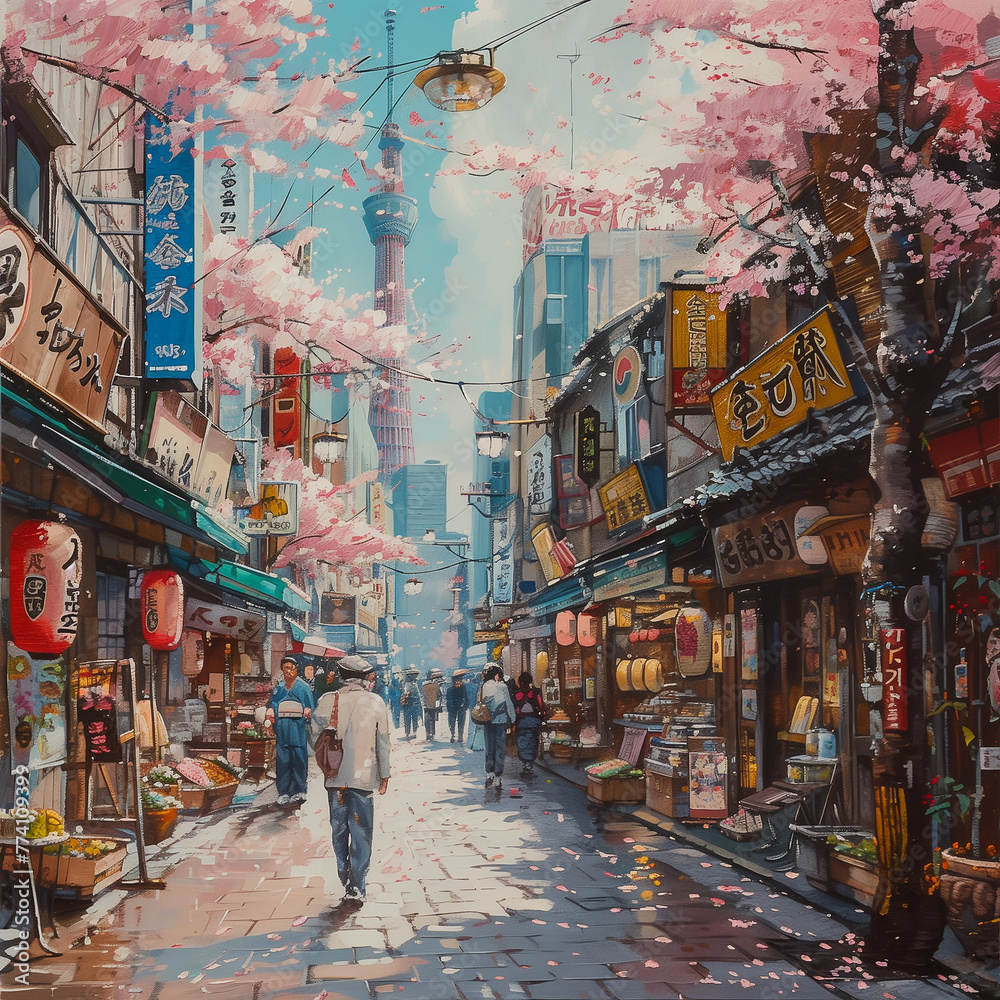 Oil painting on canvas street view of Tokyo japan.