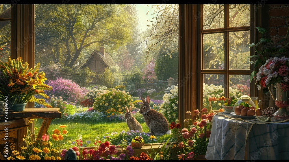 An art piece showcasing a rabbit sitting on a table in front of a window, set against a natural landscape with plants, flowers, and trees AIG42E