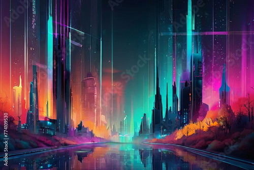 Experience the fusion of an enchanted forest and futuristic cyber city in a colorful gradient background.