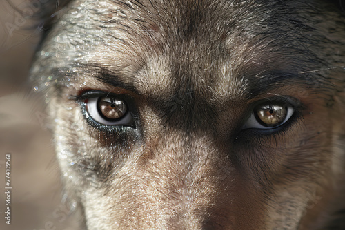 Grey wolf with human eyes, AI generated