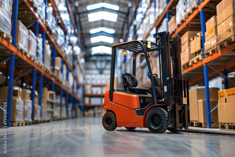A forklift is driving through a warehouse by AI generated image