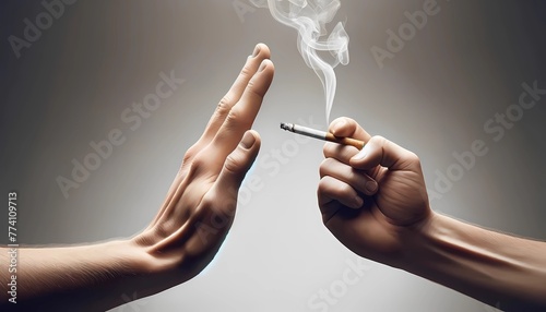 Hand is refusing the cigarette offer concept of stop smoking concept for No Tobacco day photo