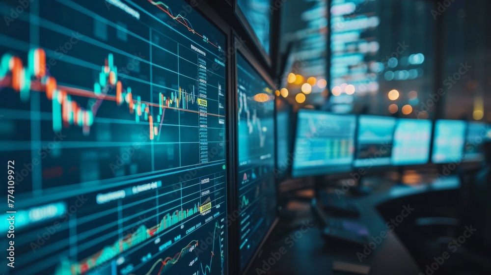 stock data monitor analyzing data stock market in monitoring room on the data presented in the chart, forex trading graph, stock exchange trading online, financial investment