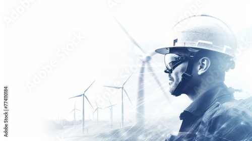 engineer man ware safety helmet and solar cell and wind mill, technology, turbine, energy, renewable, generator, sky, power, industrial, alternative, worker, hardhat, electricity