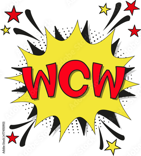 abbreviation wcw (woman crush wednesday) in retro comic speech bubble with halftone dotted shadow