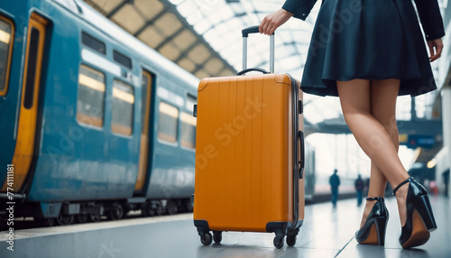 Legs of woman with suitcase on wheels, on departure platform of train