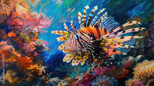 Convey the allure of the ocean depths in a prompt showcasing a stunning lionfish amidst a colorful coral reef