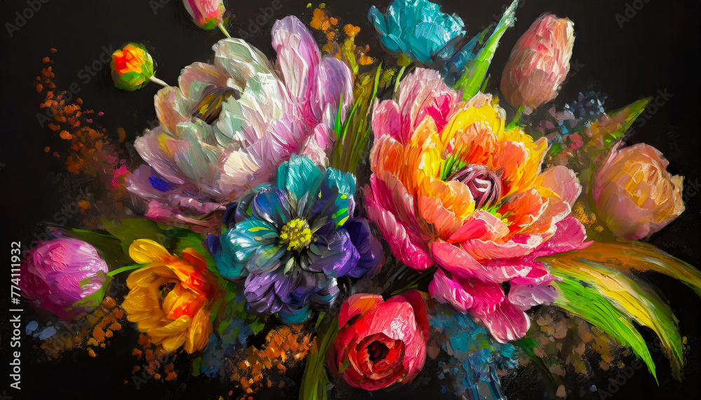 Spring bouquet of flowers painted with paints on a black background Spring bouquet of flowers painted with paints on a black background