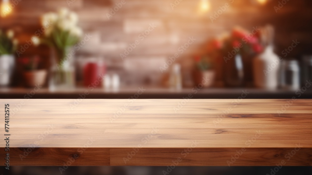 Empty Beautiful wood table top and blur bokeh modern kitchen interior background in clean and bright, Ready for product montage