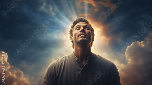 A man experiencing spiritual light from the sky