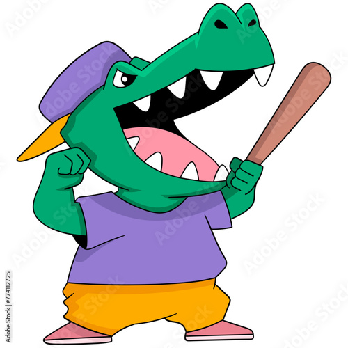 crocodile practicing baseball, carrying a ball bat