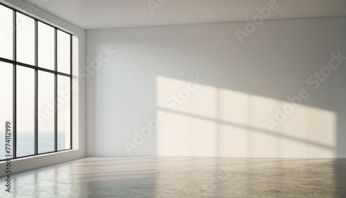 empty white room wall with shadow and light from windows, white interior background for product presentation, minimalist style, modern interior concept