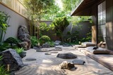 Zen Garden with Minimalist Outdoor Furniture in Japanese Style


