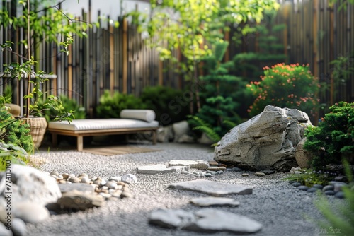 Zen Garden with Minimalist Outdoor Furniture in Japanese Style