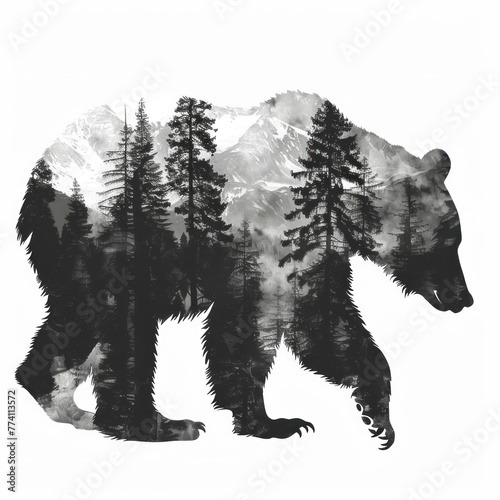 Bear silhouette , black and white, isolated on a white background