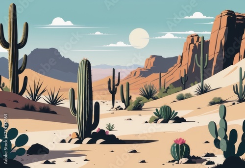 A rocky desert landscape adorned with a garden of cacti
