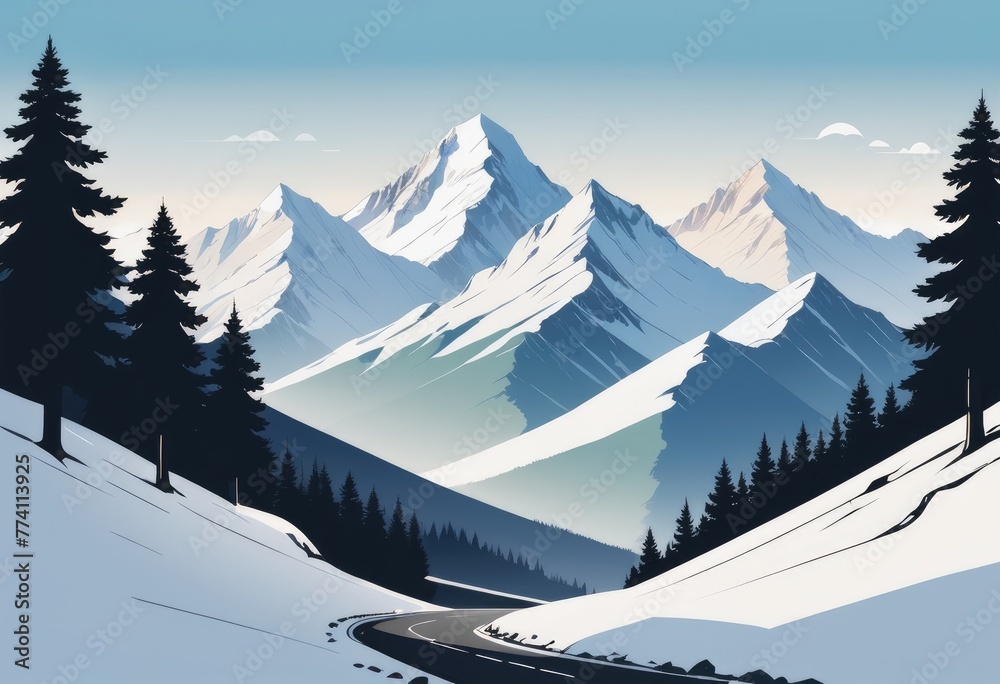 A serene mountain pass enveloped by snow-capped peaks