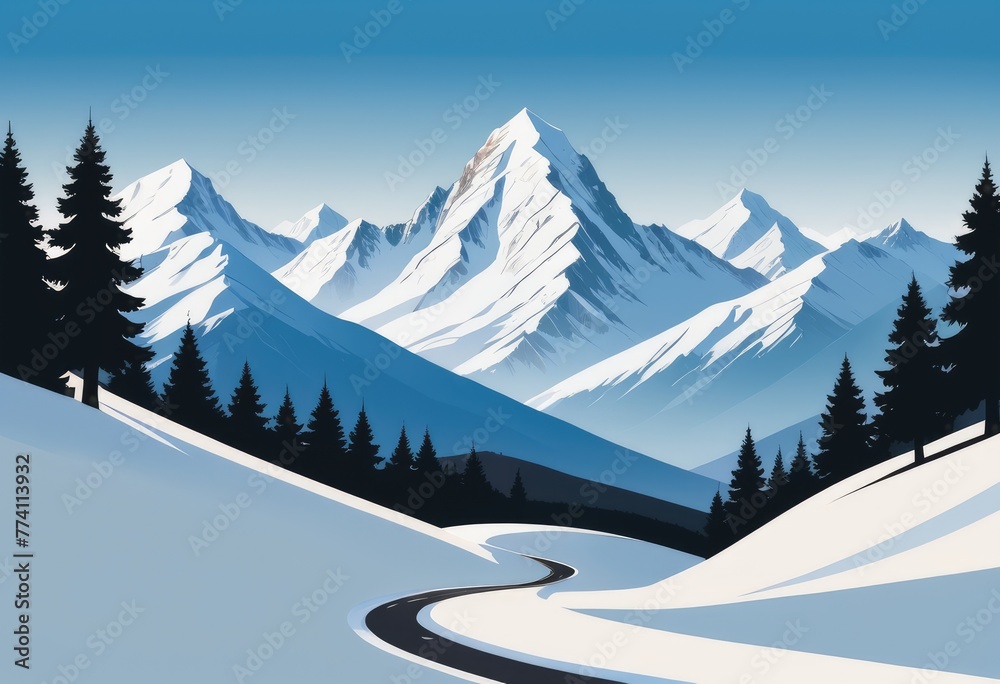 A serene mountain pass enveloped by snow-capped peaks - obrazy, fototapety, plakaty 