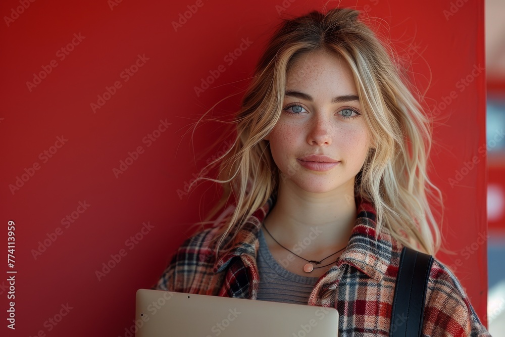 A girl dressed casually in red blends into her surroundings, immersed in professional technology use on her laptop, exuding a focused demeanor. A girl dressed casually in red blends into her surroundings, immersed in professional technology use on her laptop, exuding a focused demeanor.
