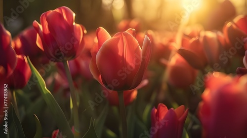 Vibrant tulips blooming under the morning sun cap, Scenic view of field against sky during sunset , Close-up of red tulip on field Ai generated 