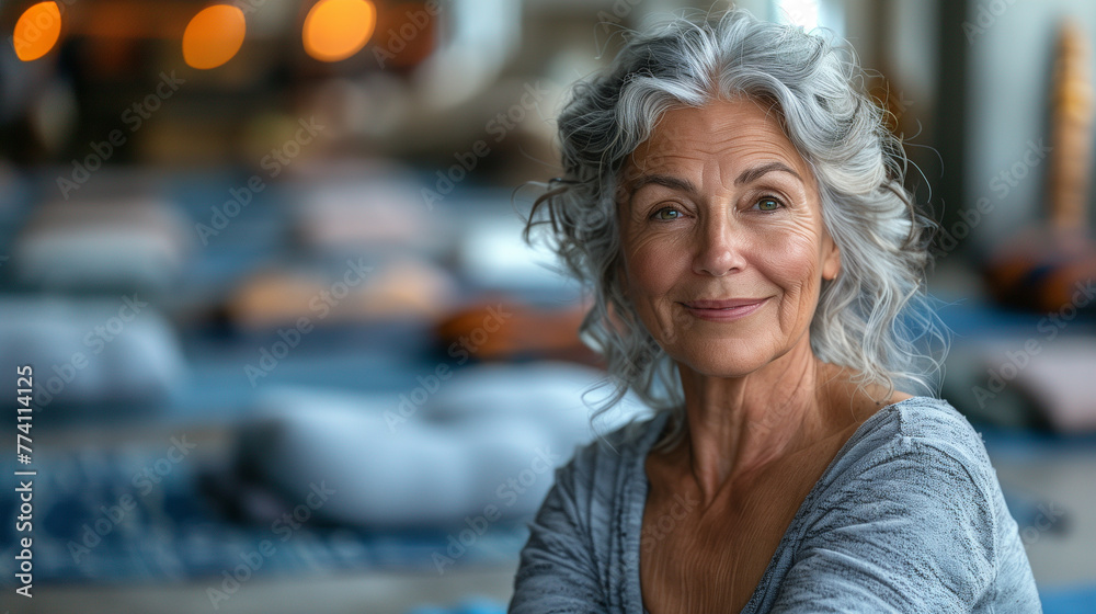 An elderly woman awaits a group meditation session. Concept active and modern old age. An elderly woman awaits a group meditation session. Concept active and modern old age.