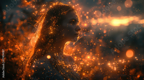 A woman's face is made of fire. She is looking to the right of the frame. There are fireflies or embers floating around her head.