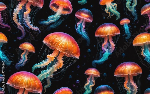 Glowing sea jellyfishes against a dark background, created using neural network-generated art. This digitally generated image is not based on any actual scene or pattern