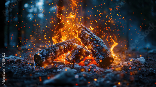A bright and warm campfire burns in the middle of a dark forest. The fire is surrounded by glowing embers and sparks. The trees in the background are silhouetted against the bright light of the fire. photo